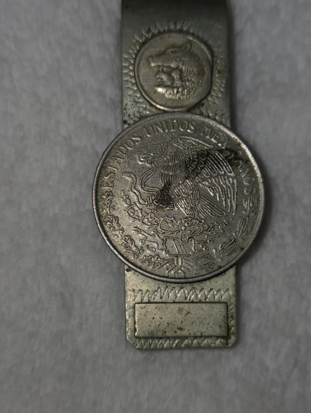 Vintage Mexican Money Clip 1957 One Peso/Native Warrior Head Motif Alpaca Silver